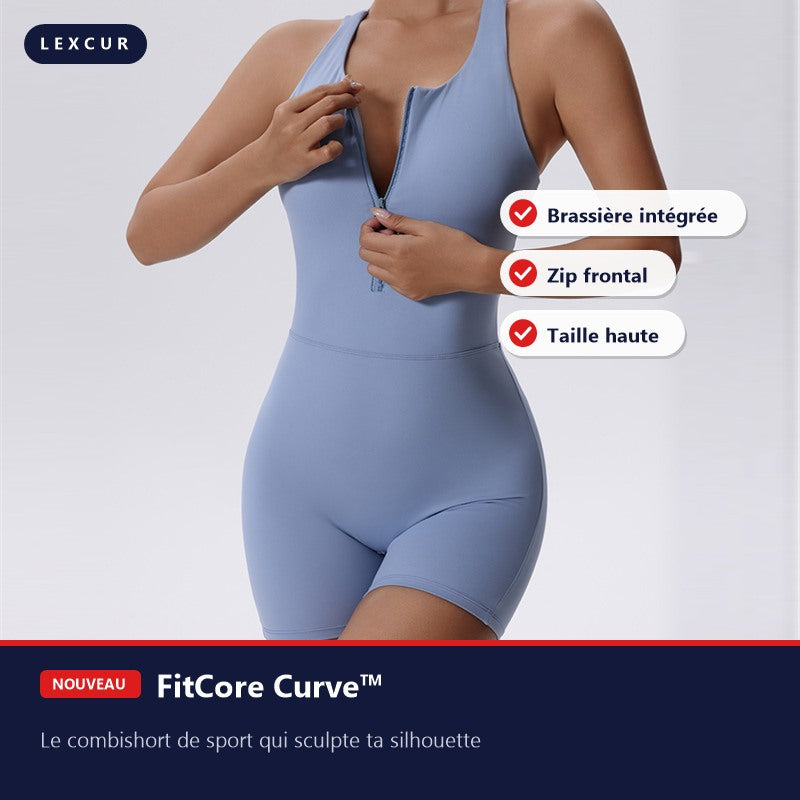 Combishort de sport FitCore Curve bleu ciel, vue de face avec zip frontal