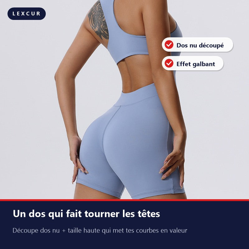 Combishort FitCore Curve bleu ciel, vue de dos avec découpe dos nu