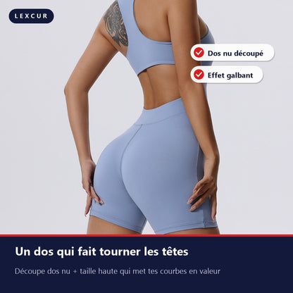 Combishort FitCore Curve bleu ciel, vue de dos avec découpe dos nu