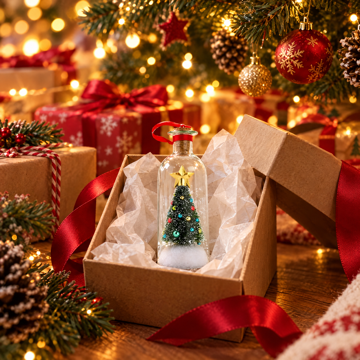 Le Sapin à Message dans sa boîte cadeau sous le sapin