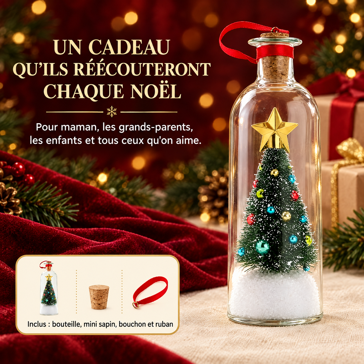 Un cadeau qu'ils réécouteront chaque Noël – Sapin à Message, inclus bouteille, mini sapin, bouchon et ruban
