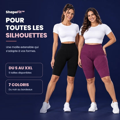 Deux femmes de morphologies différentes en short gainant ShapeFit noir et bordeaux, du S au XXL